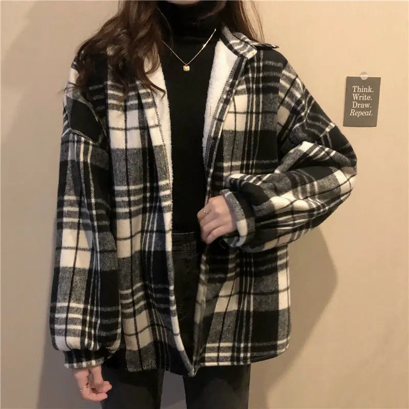 Блузка женская рубашка зимняя клетчатая свободная с длинным рукавом Куртка Blusas