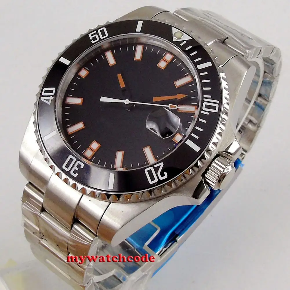 Мужские автоматические часы из нержавеющей стали 316L с черным зеркальным стеклом