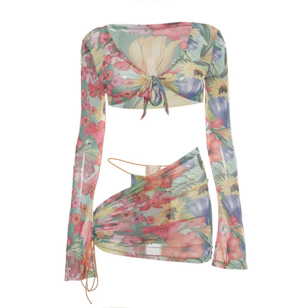

Floral Drawstring Bandage Sheer 2 Piece Sets Summer Holiday Clubwear Crop Top And Skirt Matching Set Mesh Ruched Women Outfits