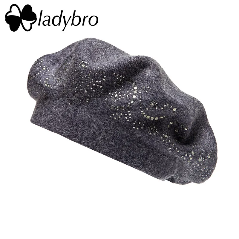 23503 Grey Ladybro, двухслойная, стразы, шерстяная шапка, женская, осень, зима, шапка, теплый берет, женская вязаная шапка, кепка boina, женский берет, шапка - Цвет: 23503 Grey