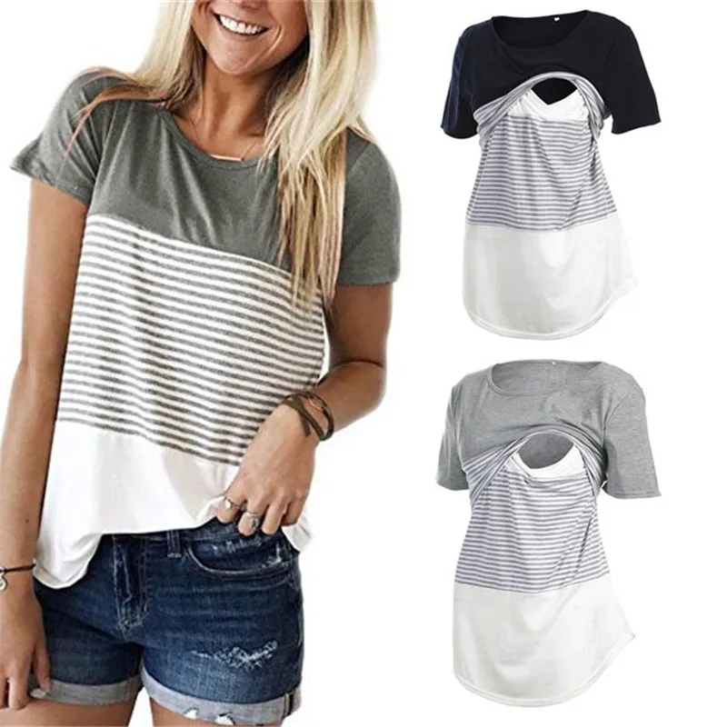 

Women Maternity Breastfeeding Tee Nursing Tops Striped Short Sleeve T-shirt Plus Size S-2XL Maternity Clothing Tees