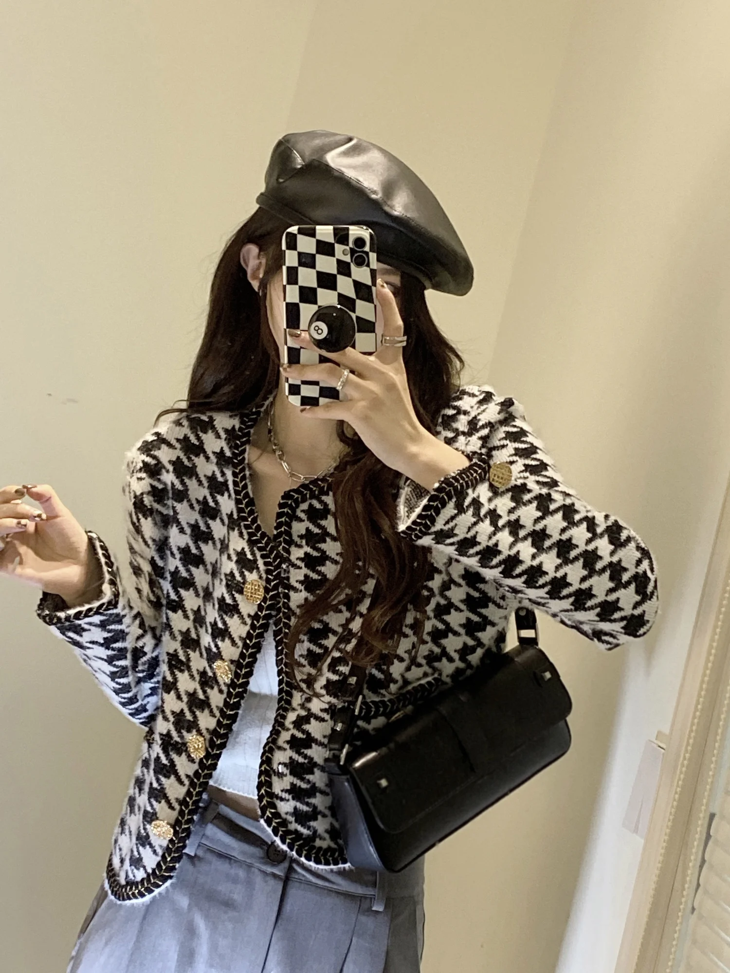 Женское свободное короткое пальто с длинным рукавом в стиле гусиные лапки