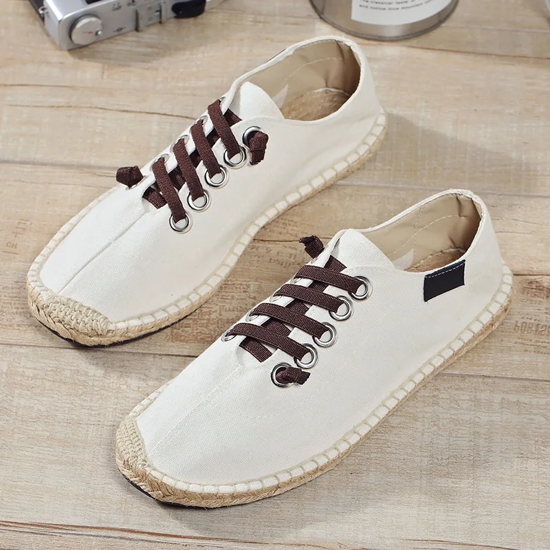NEW Male nationa style Breathable Lace up casual Canvas Hemp Insole Fisherman Light Shoes Men Espadrille Flats Shoes 2019