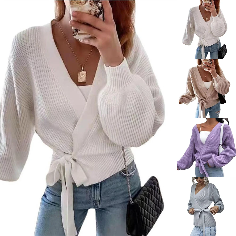 

Women's Casual Waffle Knit Tops Coat Slim-Fit Sweater Lace Up Knitted Cardigan V-neck Sweater with Waistband Black Sweater New