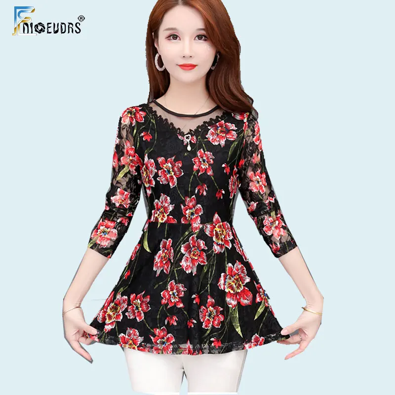 

2020 Spring Fall Basic Shirts Blouses Women Elegant Office Lady Patchwork Sheer Mesh Floral Vintage Lace Tunic Peplum Top J009