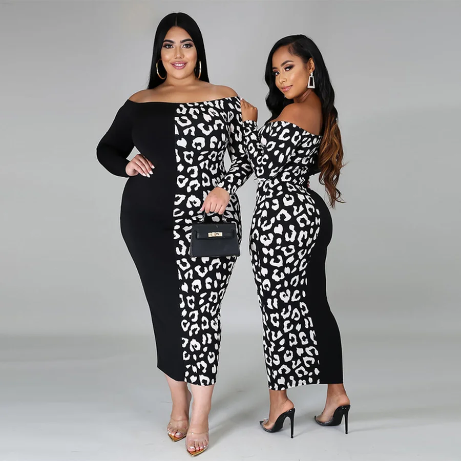 

Ladies Plus Size Dresses Female One Shoulder High Waist Black Color Leopard Print Strapless Long Mid-calf Dress Summer L-5xl