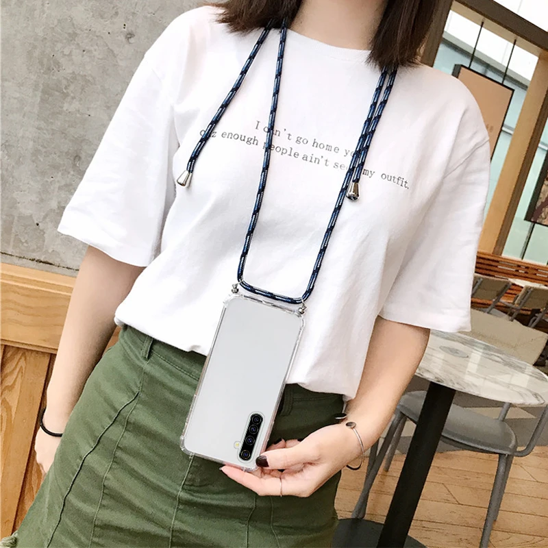 Luxury Lanyard Silicone Phone Case For Realme 9 8 7 6 5 5i 3 2 X50 XT X2 X Lite Pro C3 C2 Ultra-thin Necklace Rope Cover Coque