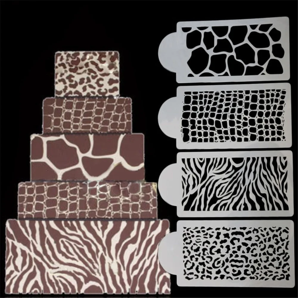 4pcs/lot Plastic Animal Veins Spray Molds Coffee Cookie Cake Chocolate Printing Stencil DIY Candy Fondant Open Flower Template