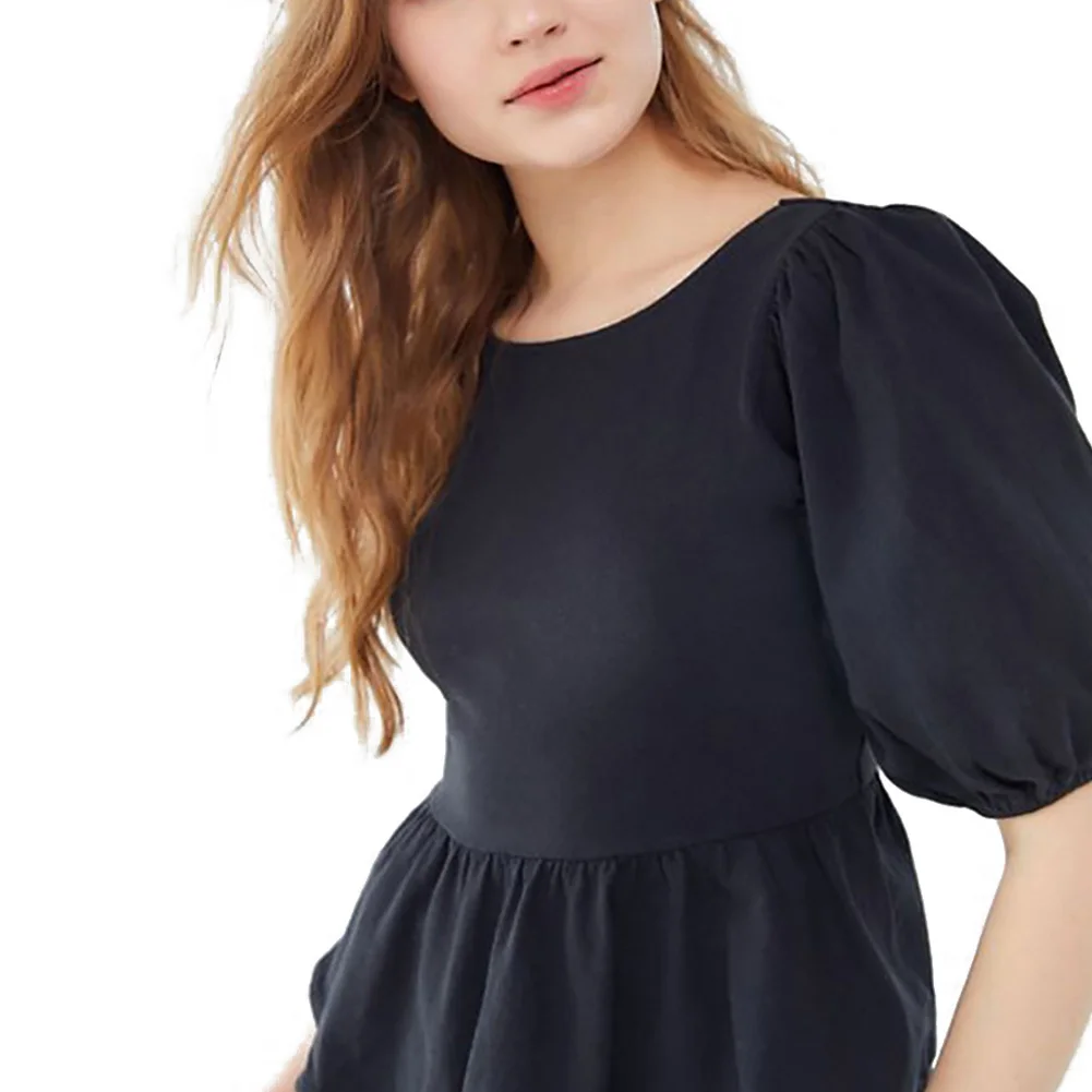 

Autumn New Lotus Leaf Bubble Sleeves Women's Shirts Back Straps Round Neck Five-point Sleeve Shirt WDFG1