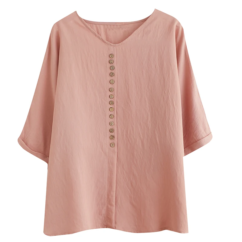 

BIG SIZE Summer Women Fashion Elegant Solid Color V Neck Tops Ladies Female Plus Large Short Sleeve Cotton Loose Blouse Shirt