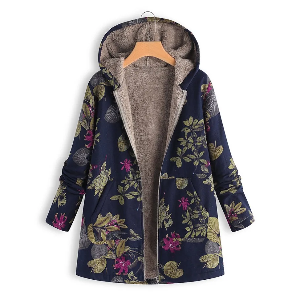 Women Winter Coat Parkas Casual Floral Print Hooded Zipper Cotton Warm Vintage Pocket Loose Thick Plus Female Outwear#3s | Женская