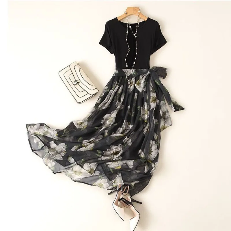 

Summer Dress 2020 New Temperament Short Sleeved Printed Dresses Mid-Length Korean Elegant Cover Belly Big Swing Chiffon Dress