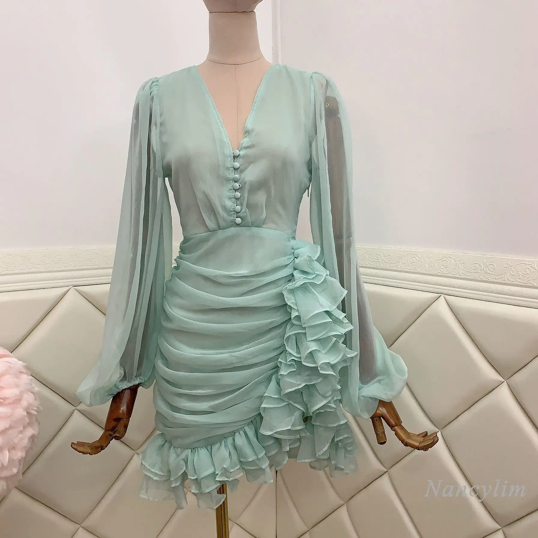 

Temperament V-neck Dress Women Irregular Ruffled Waist-Tight Long Sleeve Hip Short Mini Dresses Female Lady Party Vestidos