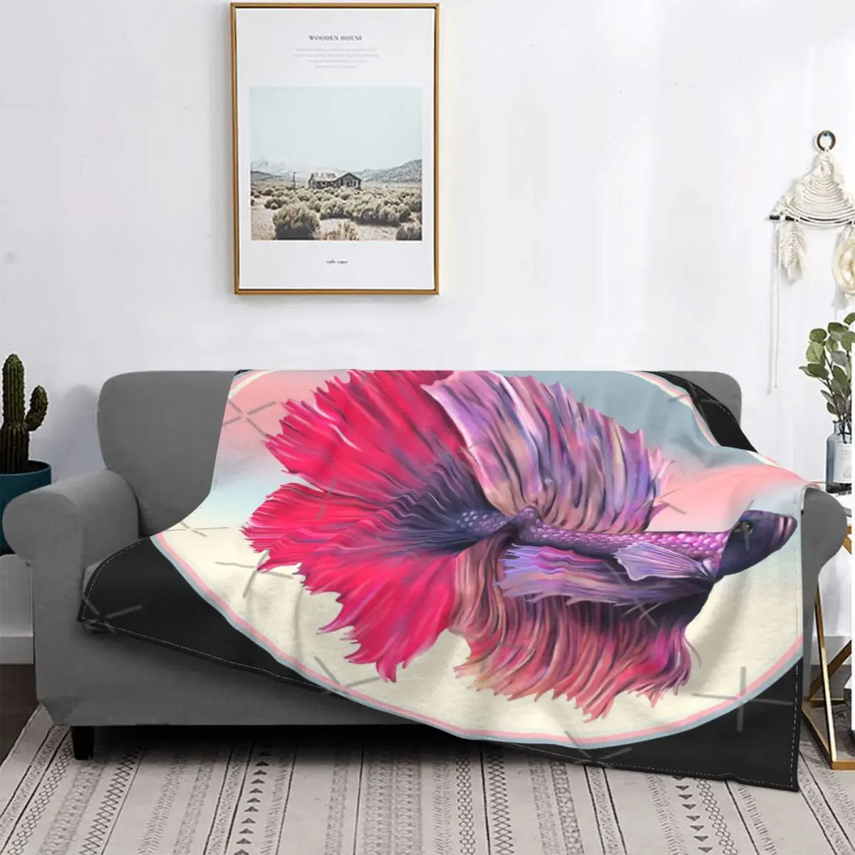 

Manta a cuadros con diseel de рыба siames para el sofada, colcha de lino para cama, manta Kawaii a cuadros, ilustra Betta, 5