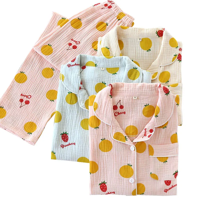 

Women Loose Gauze Cotton Pyjama Set Cartoon Fruits Printed Sleepwear Full Sleeve Homewear Turn-Down Collar Ladies Soft Sleepwear
