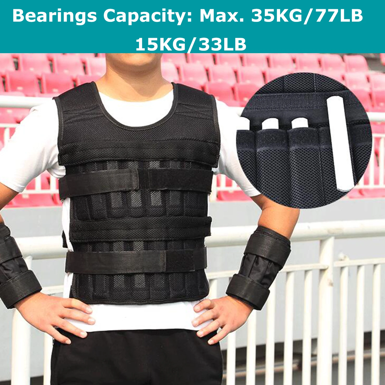 

Max Loading 15kg/35kg Adjustable Vest Weight Exercise Weight Loading Cloth Strength Training with 6kg Leg Weight 5kg Arm Weight