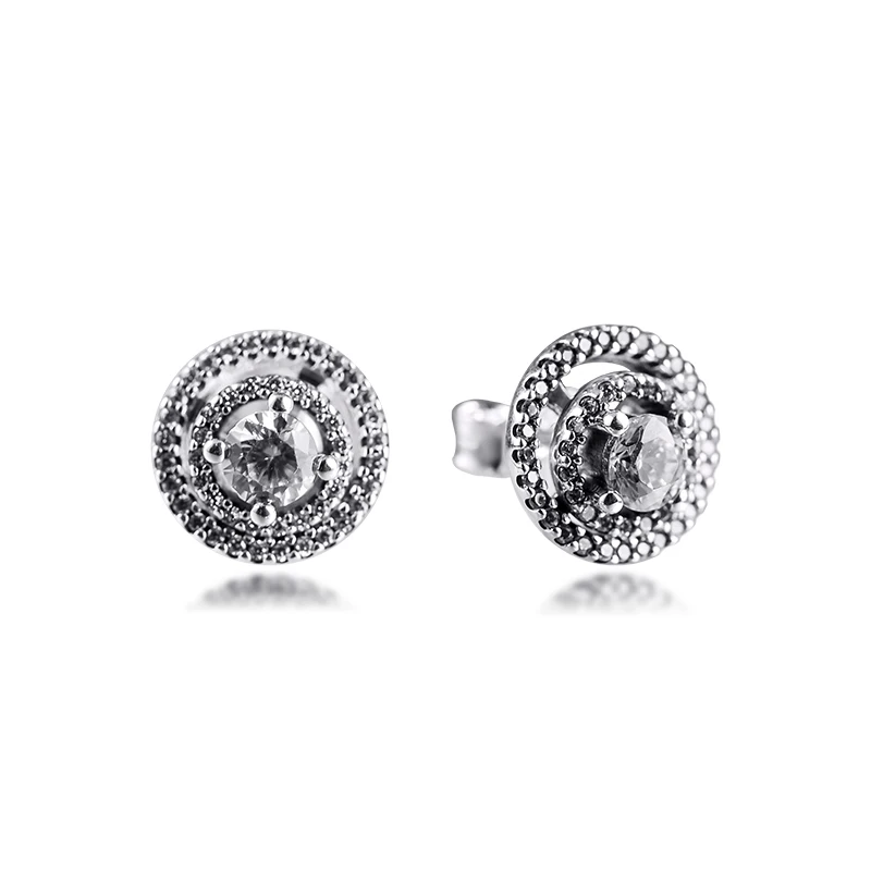 

100% 925 Sterling Silver Sparkling Double Halo Stud Earrings Crystal Original Jewelry For Women Fashion