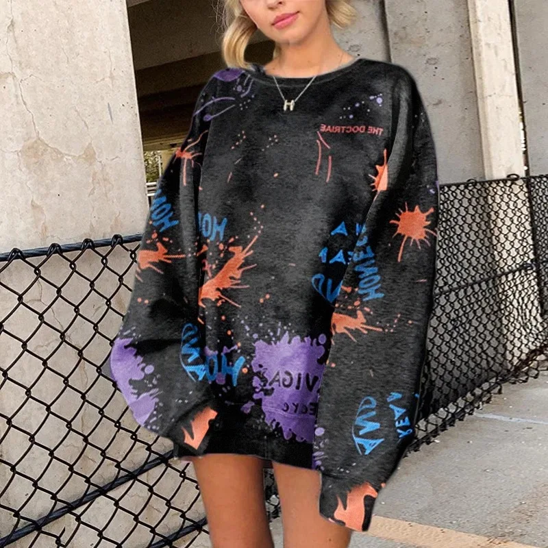 Свитшот женский с вышивкой букв, стильный Свободный пуловер с круглым вырезом и длинным рукавом, свитшот с принтом в стиле Харадзюку, зимняя...