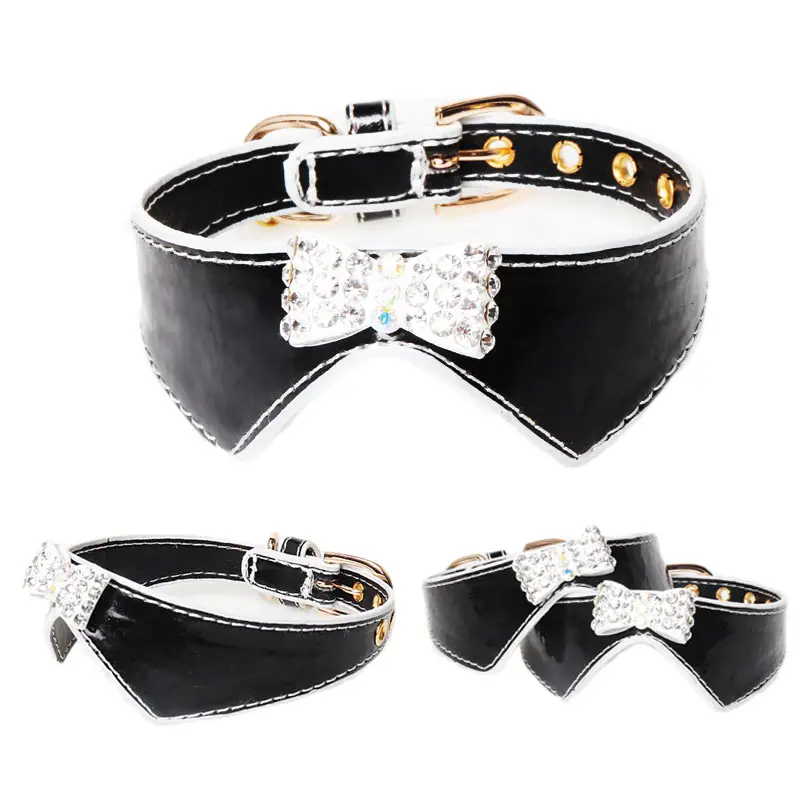 

Rhinestone Pet Small Dog Collar Black Cat Bowknot PU Leather Necklace Personalized Dogs Supplies Accessories for Puppy Teddy