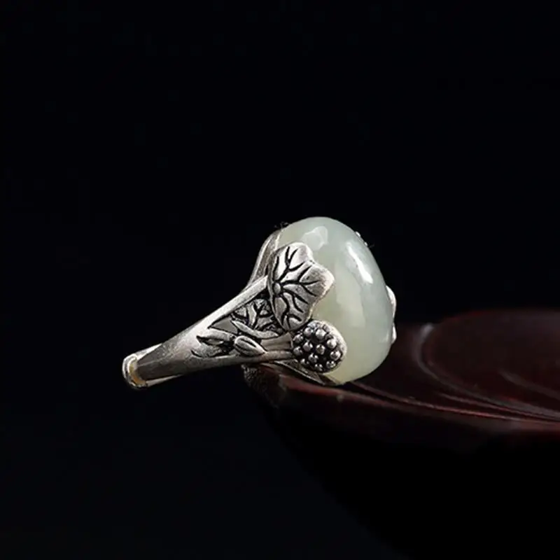 

S990 Pure Silver Vintage Lotus Folium Nelumbinis Inlaid Hetian Jade White Jade Ring for Women Personalized Opening Adjustable Ri