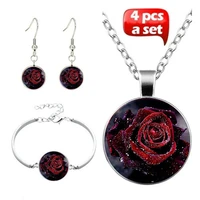 red rose cabochon glass pendant necklace bracelet bangle earrings jewelry set totally 4pcs for womens creative sweater chain