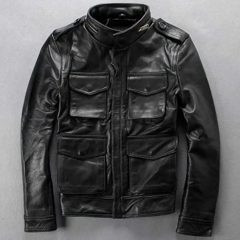 

Men's Classic alpha M65 leather jacket stand collar cowhide genuine leather jacket men black motorcycle jacket coat male