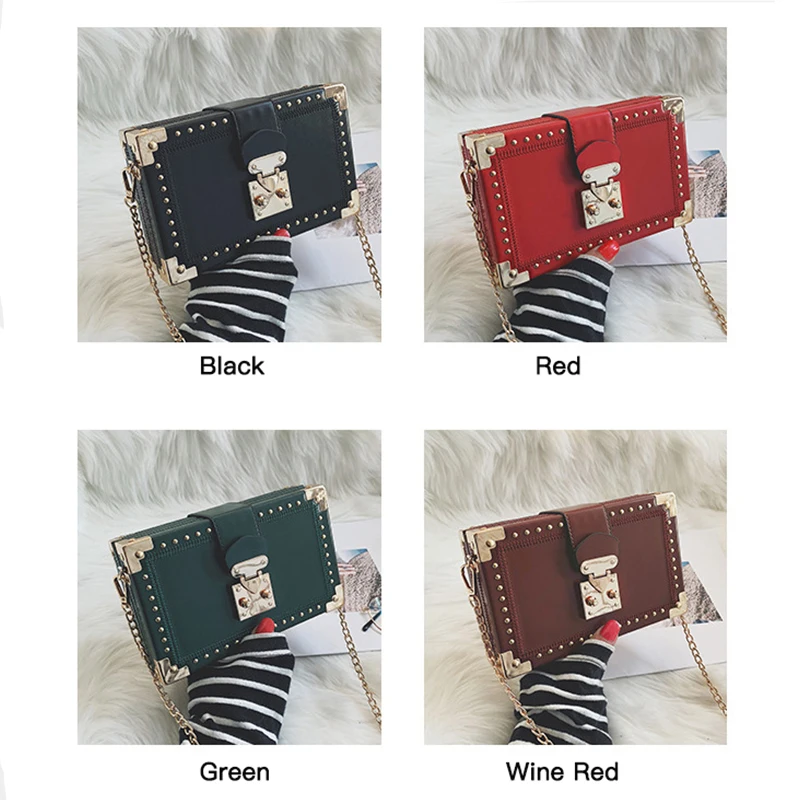 Fashion Vintage Rivet Designer Bag Box Style Buckle PU Women Clutch Bag Chain Purse Shoulder Bag Crossbody Small Flap Handbag
