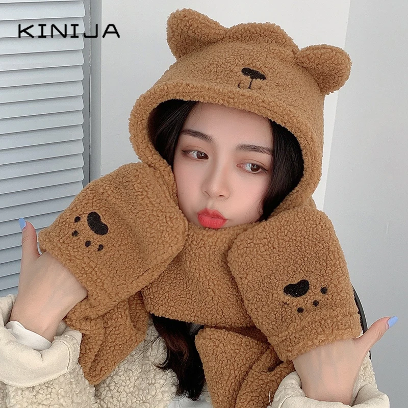 Милая шапка шарф и перчатки Bear Ear в комплекте сплошной цвет яркая теплая Новинка