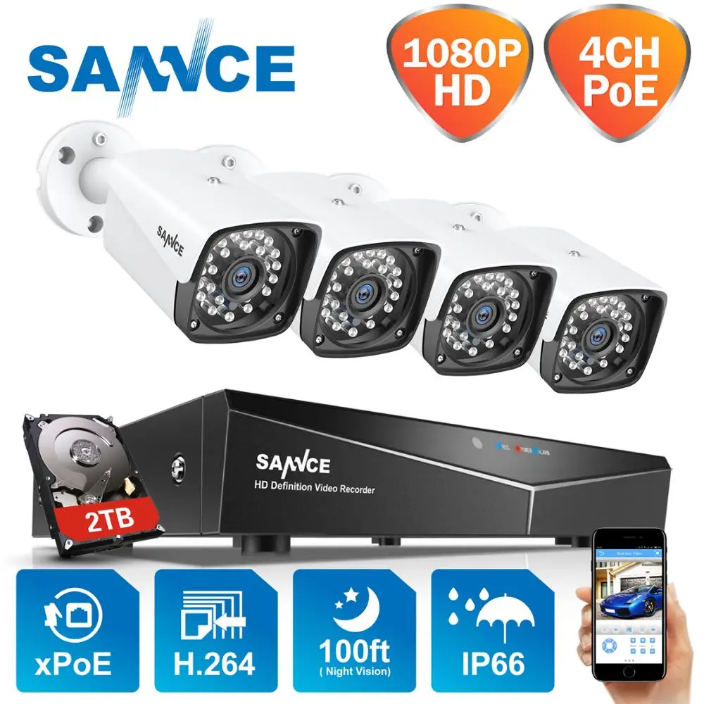 Система видеонаблюдения SANNCE 4 камеры канала 1080P XPOE 2 МП IP66 IP | Безопасность и защита