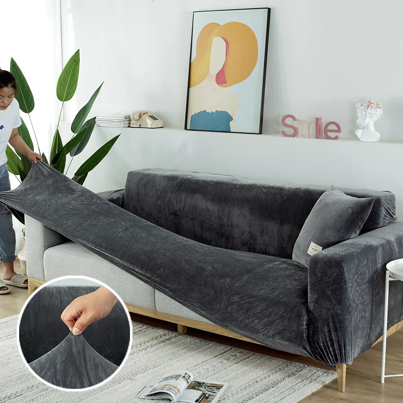 

Elastic Solid Color Corner Sofa Cover Velvet Couch Cover Living Room L Shape Slipcovers