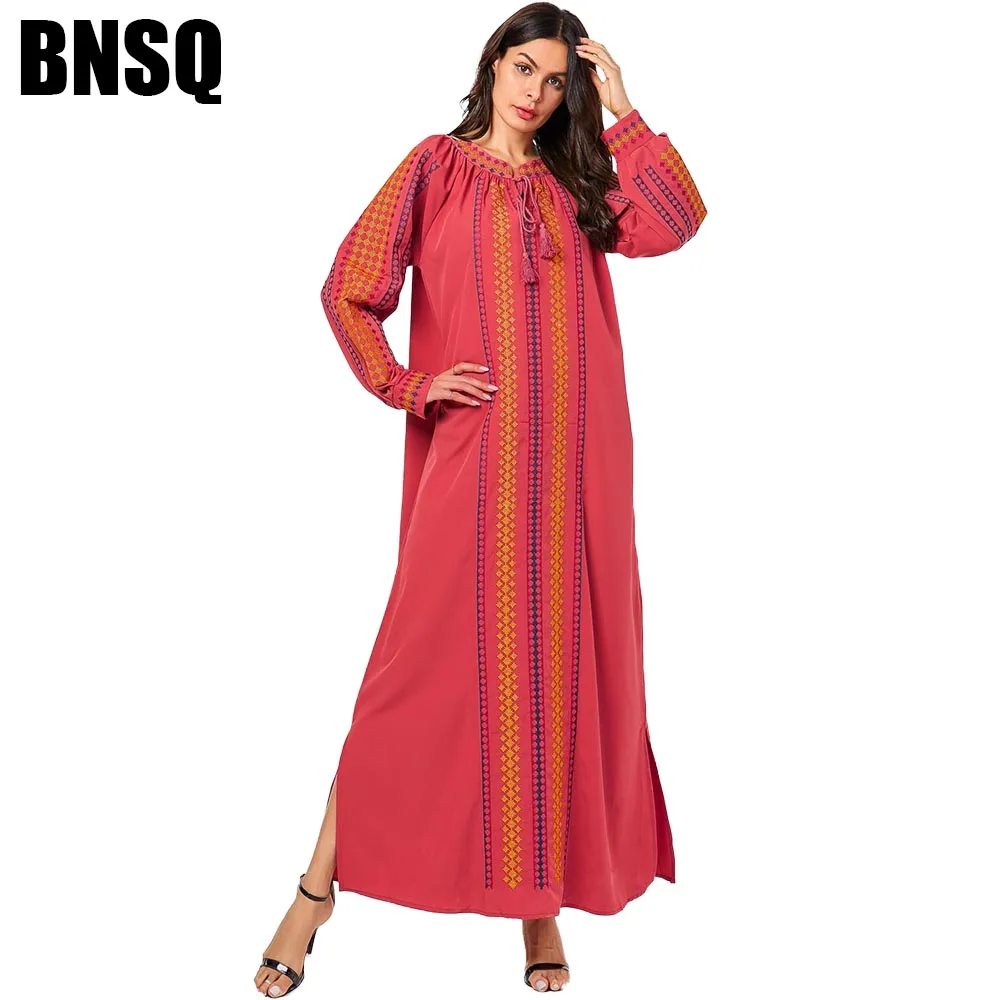 

BNSQ Plus Size Maxi Dresses for Women Casual Ethnic Geometric Embroidery Long Dress Orange Wine Red Autumn 2019 Arabian Wears