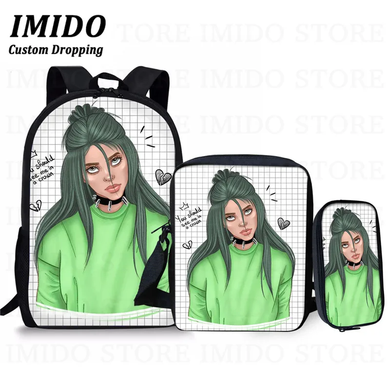 IMIDO, школьный рюкзак для девочек-подростков в стиле хип-хоп Billie Eilish, комплект из 3 предметов, школьные сумки для студентов и студентов, сумка для книг, Повседневная сумка, подарок - Цвет: as picture