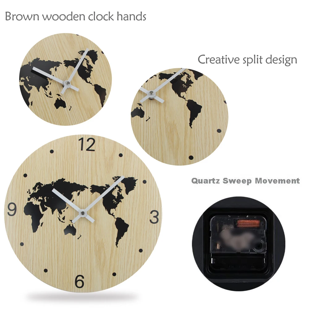 Настенные часы с изображением карты мира деревянные настенные цифрами бесшумные