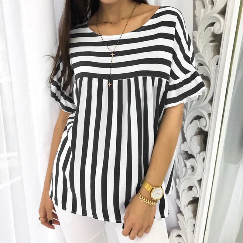 2019 Летняя Повседневная полосатая Лоскутная футболка с круглым вырезом и