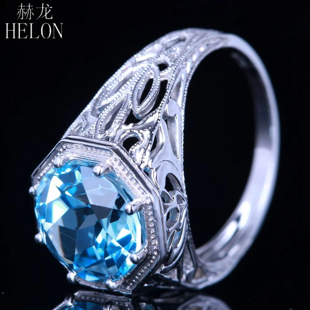 

HELON Solid 14K White Gold Flawless 10mm Round Genuine Natural Blue Topaz Gemstone Engagement Wedding Ring Women Vintage Ring