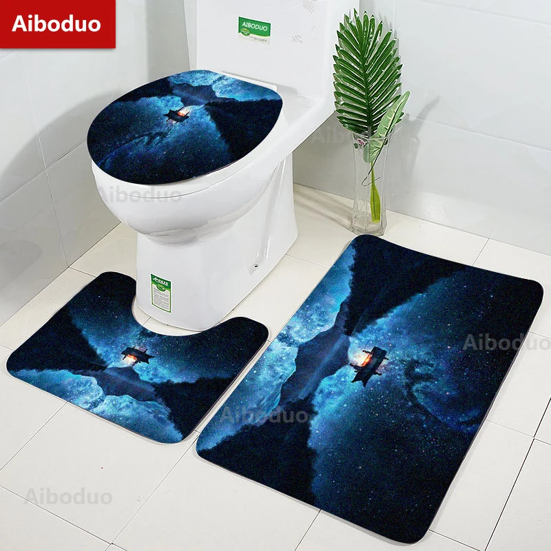 

Aiboduo Drop Shipping 3pcs/set Toilet Lid Cover Set NonSlip BathMat Stars Moon Blue Lake Art Home Decoration Restroom Rug Carpet