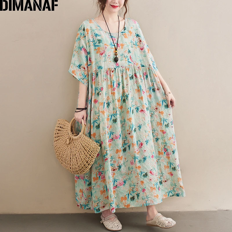 

Женское платье с цветочным принтом DIMANAF, длинный пляжный сарафан свободного покроя из хлопка, повседневное летнее платье большого размера ...