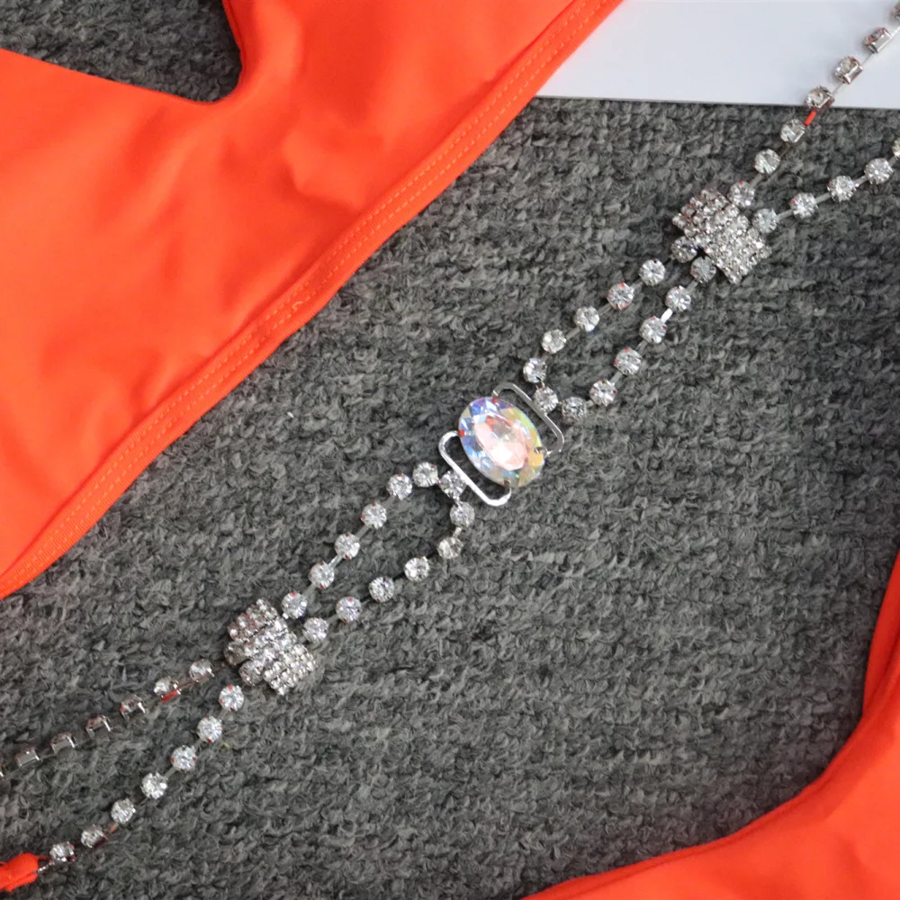 Неоново-оранжевый бикини 2020 женский купальник с высоким вырезом Стразы