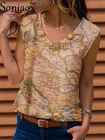 2021 summer new women map printed v neck sleeveless t shirt vest top ladies fashion casual loose vintage streetwear tanks blouse