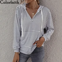 colorfaith new 2021 spring autumn women sweatshirts pullovers oversized fashionable hooded korean striped jumper tops ss20122ab