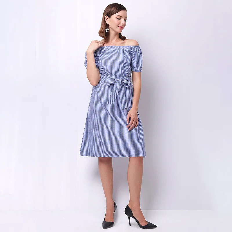 

Платье женское хлопковое в полоску, с коротким рукавом и завышенной талией