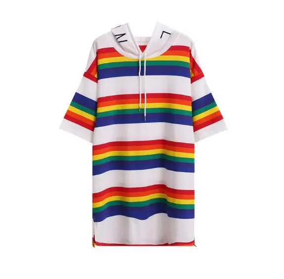 

2020 Summer Ins Short Sleeve women Shirt Rainbow print Fashion Girl Casual Loose Tops female hooded Dress