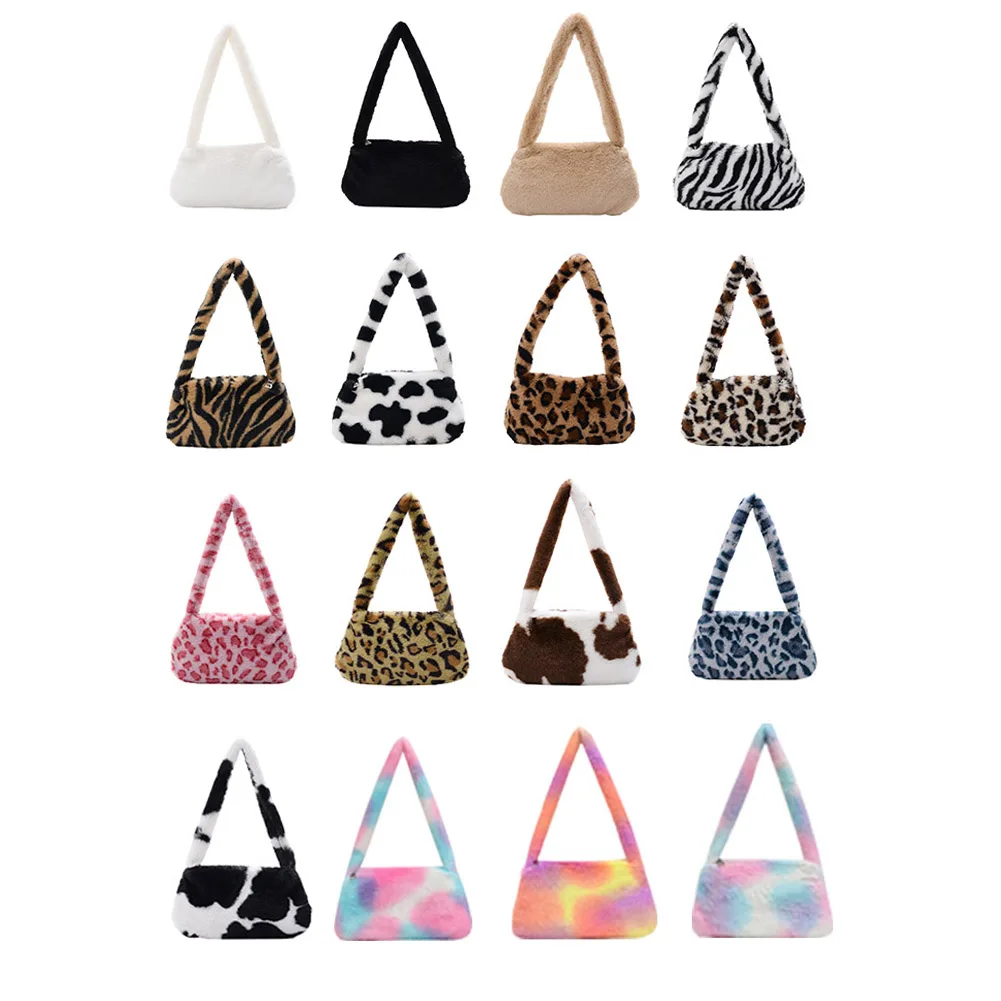 

Women's Bag Trend 2021 Baguette Bag Plush Animal Print Shopper Purses Female Handbag Shoulder Underarm Bag Cheap Quality Bag