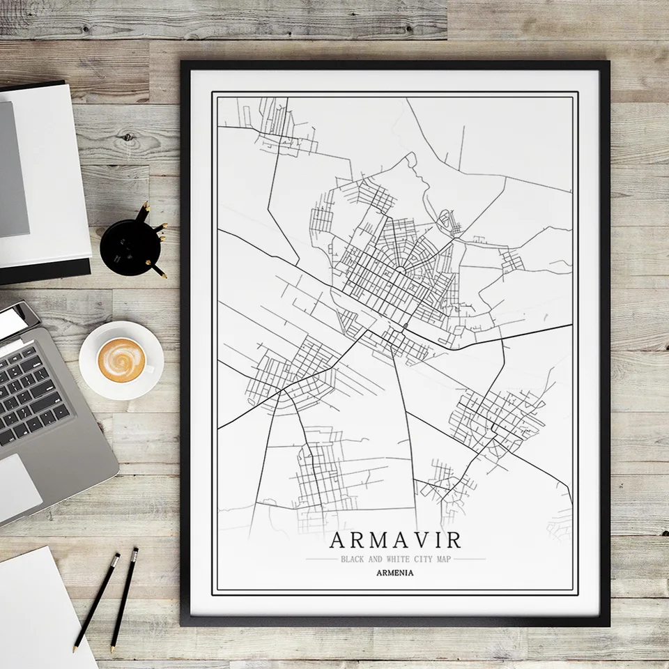 Армейский постер с черно-белой картой города скандинавский для гостиной Еревана