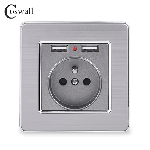 Coswall двойной usb зарядный порт 5 в 2.1A светодиодный индикатор 16A французская настенная розетка панель из нержавеющей стали Серый Черный Белый Золотой - Тип: Grey