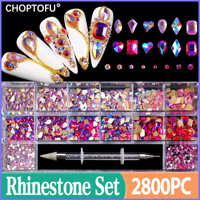 

2800PC/Box Crystal Nail Rhinestone Kit FlatBack Diamond Rhinestones Set Luxury Sparkling Nail Art With 1 Pen For Decorations