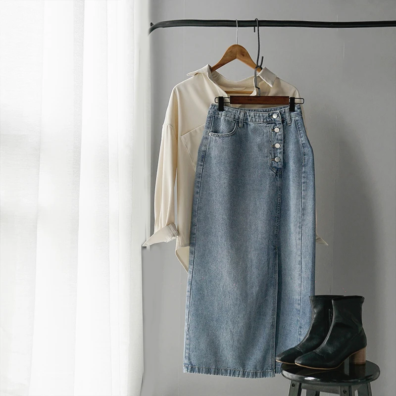 Женская джинсовая юбка KALENMOS синяя однобортная длинная повседневная с высокой