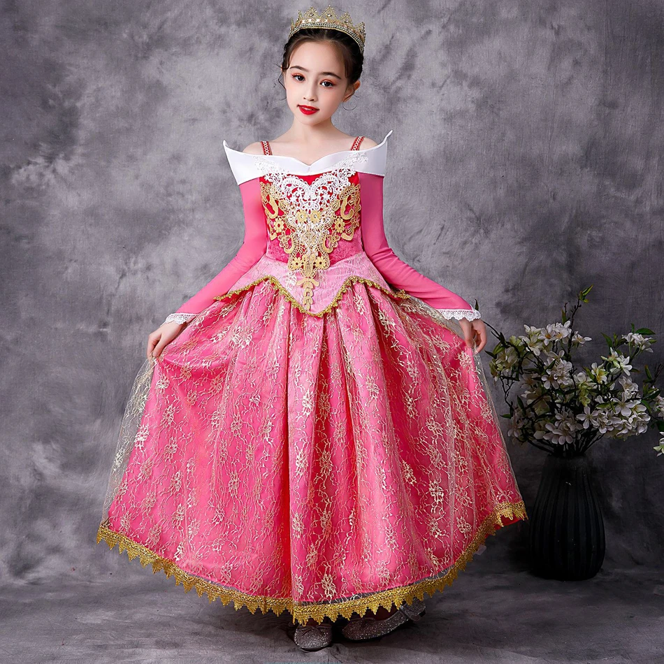 

Girls Sleeping Beauty Aurora Princess Dress Long Sleeves Off Shoulder Lace Robe Kids Gorgeous Christmas Gift Fancy Party Outfits