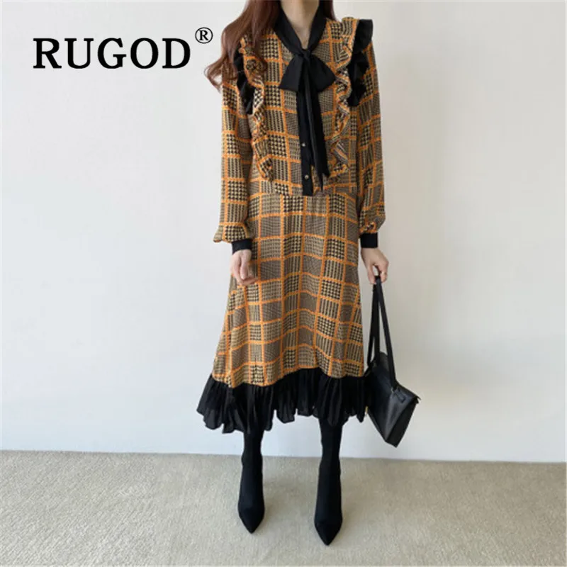 Платье макси с бантом и оборками в клетку|Женские платья| |