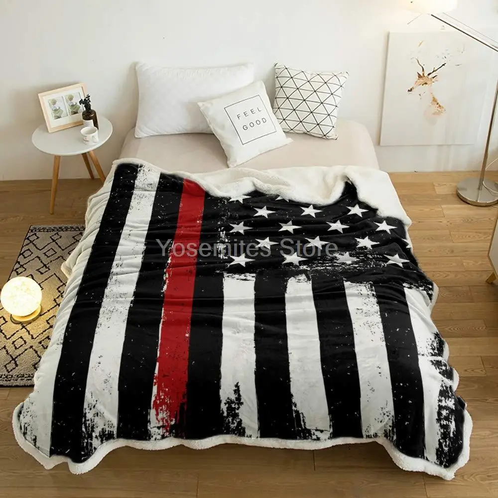 

Sherpa Fleece Throw Blanket Black White and Red American Flag Home Decor Reversible Fuzzy Warm and Cozy Throws, Honoring Firefig